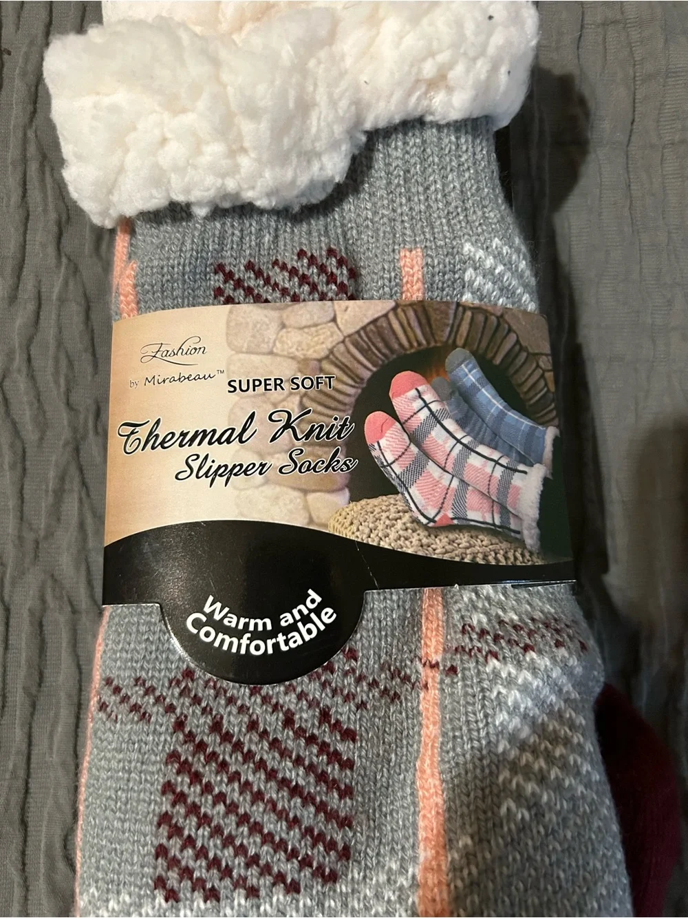 Thermal Plush-Lined Slipper Socks - Gray Plaid with Burgundy Accents